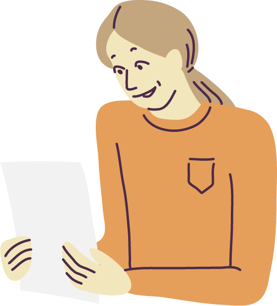 Piirroskuva, jossa pitkähiuksinen hahmo hymyilee ja katsoo kädessä olevaa paperia.