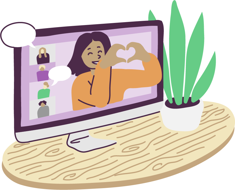 Piirroskuva, jossa pienen pöydän päällä on tietokone. Näytöltä näkyy hymyilevä nainen.