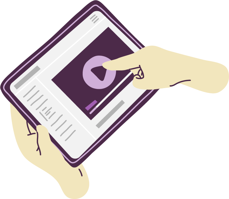 Kaksi kättä pitelee pädiä, jossa on videon kuva.